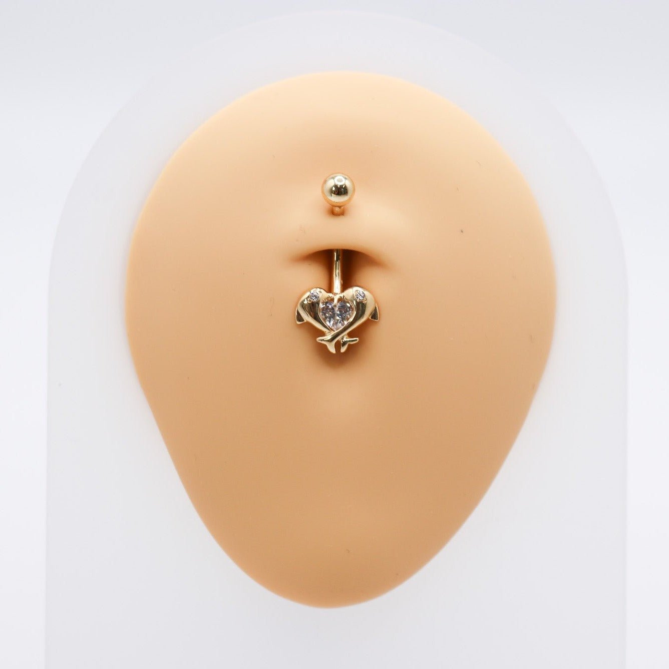 14K CZ Dolphin Heart Belly Ring - Nolita