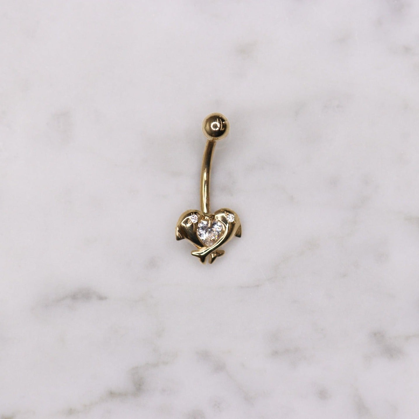 14K CZ Dolphin Heart Belly Ring - Nolita