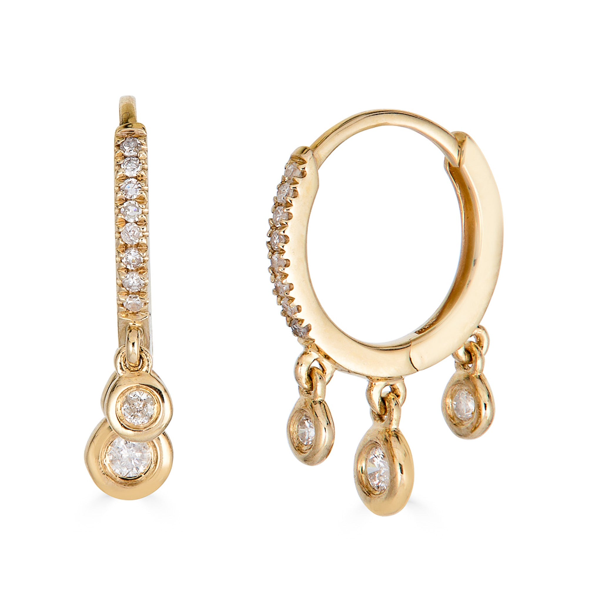 14K Diamond Dangle Bezel Hoop Earrings - Nolita
