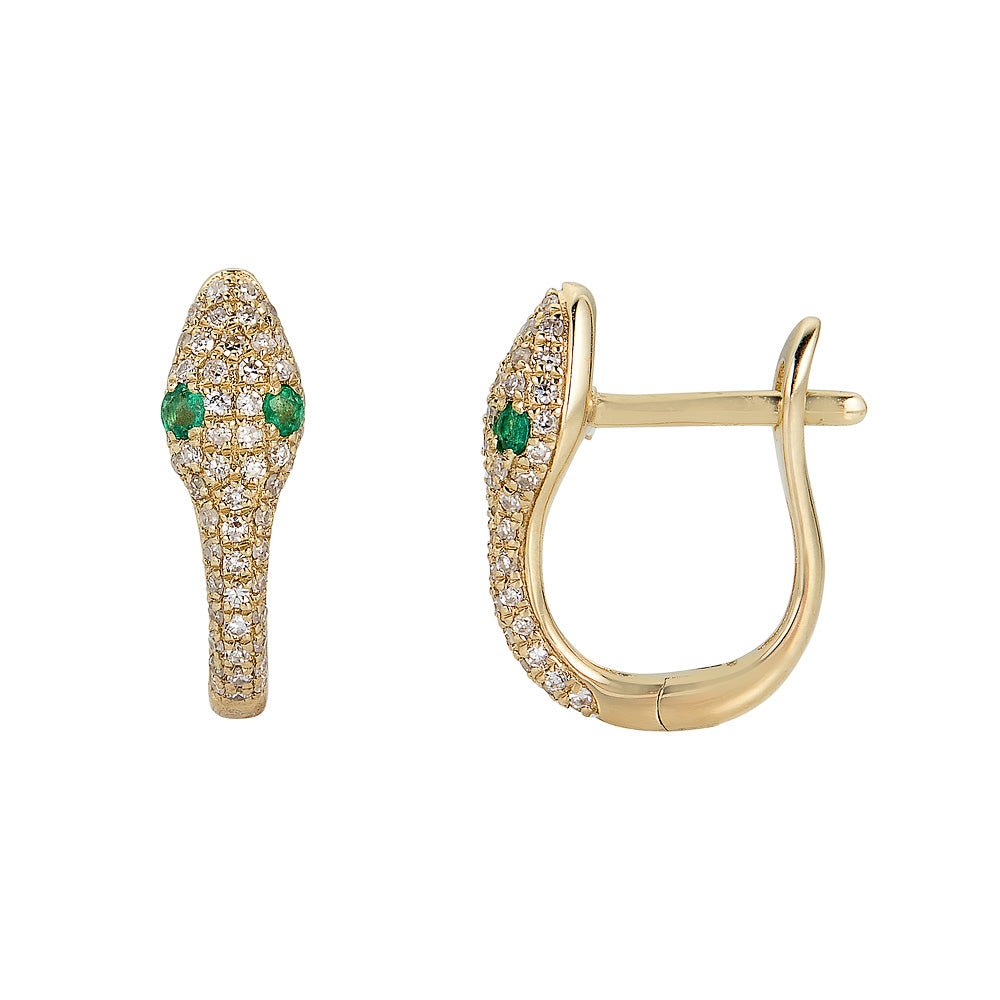 14K Diamond Emerald Snake Hook Huggies - Nolita