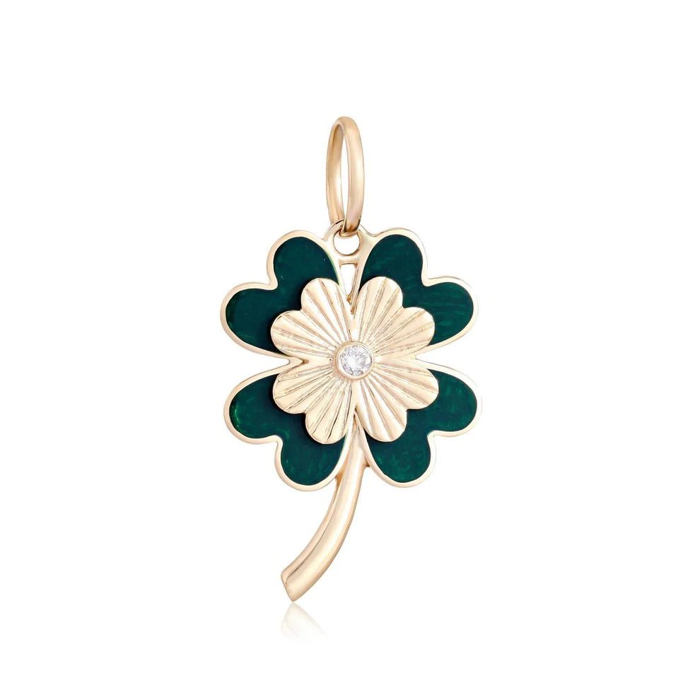 14K Diamond Green Enamel 4 Leaf Clover Charm - Nolita