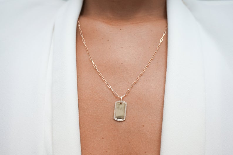 14K Diamond Outlined Dog Tag - Nolita