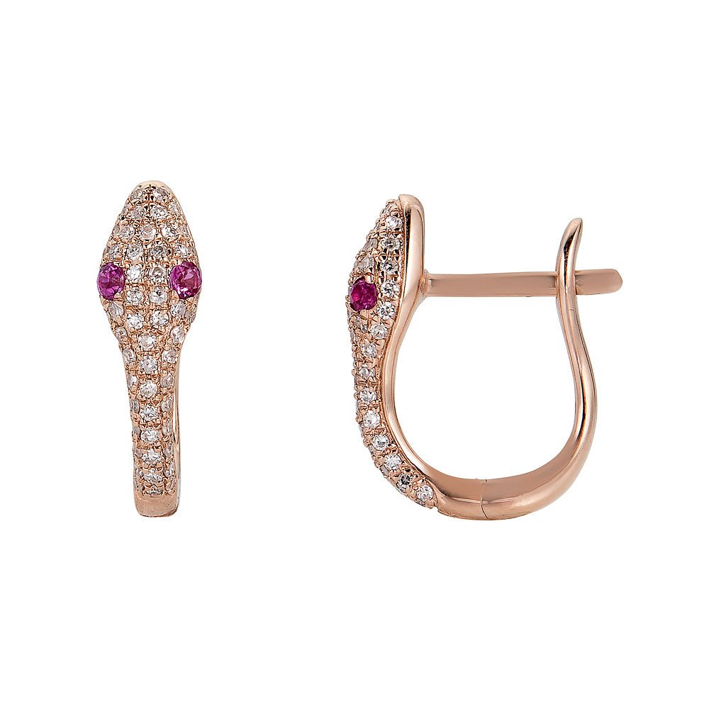 14K Diamond Ruby Snake Hook Huggies - Nolita