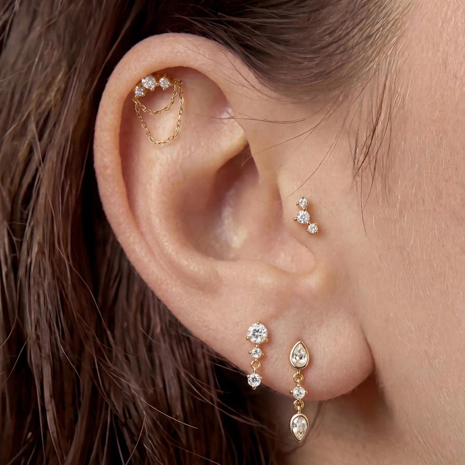 14K Double Chain Drape Lab Diamond Flat Back Stud - Nolita