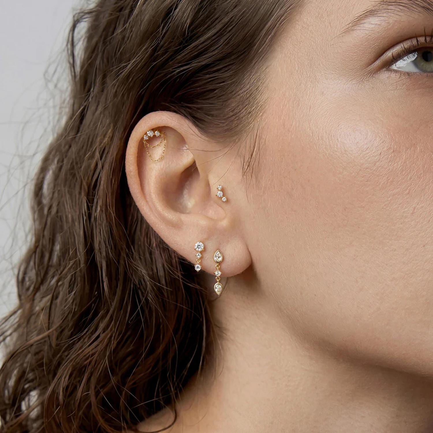 14K Double Chain Drape Lab Diamond Flat Back Stud - Nolita