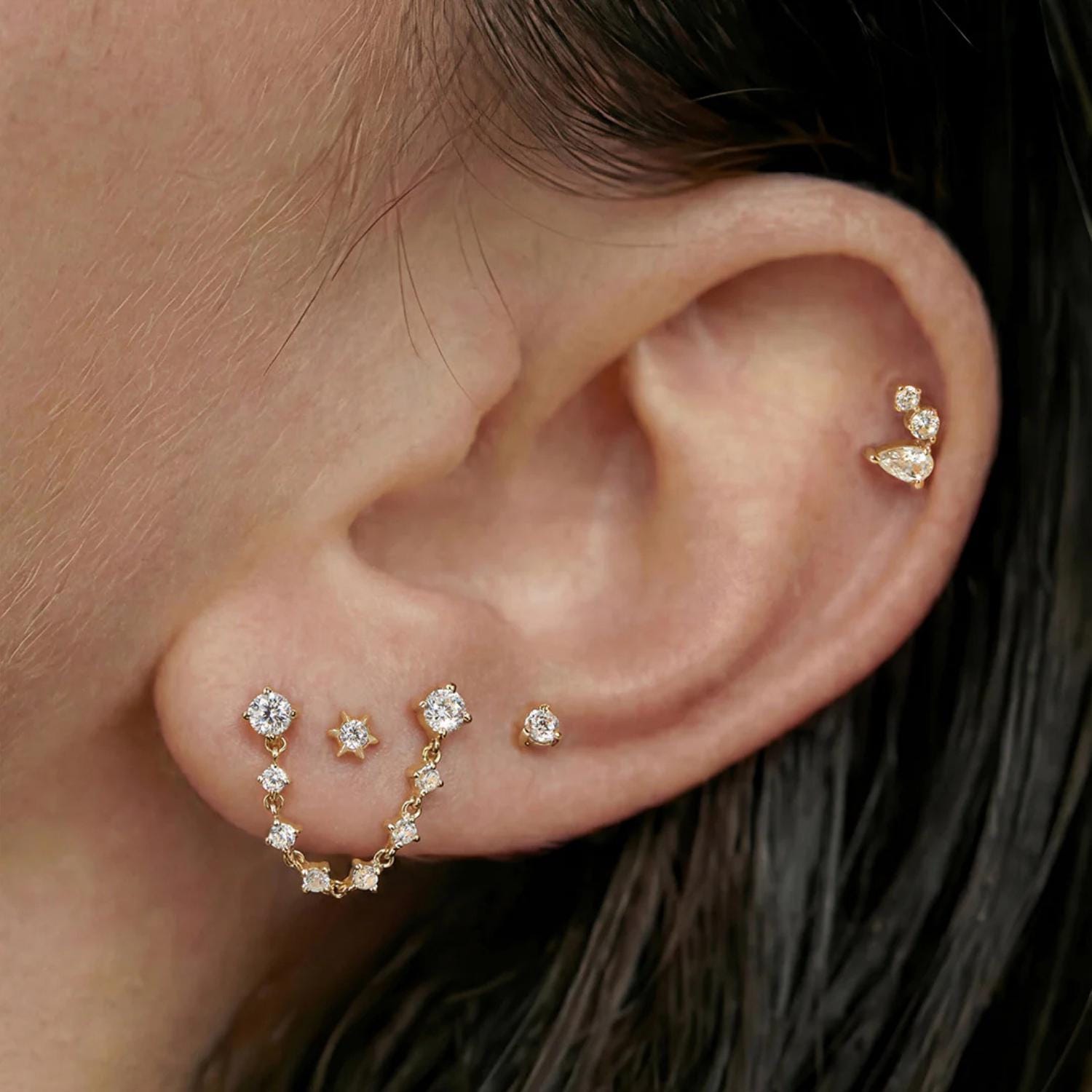 14K Draped Chain Double Piercing Lab Diamond Stud - Nolita