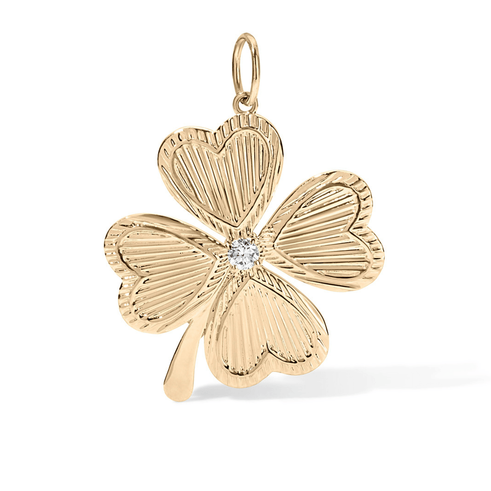 14K Large Fluted Diamond 4 Leaf Clover Charm