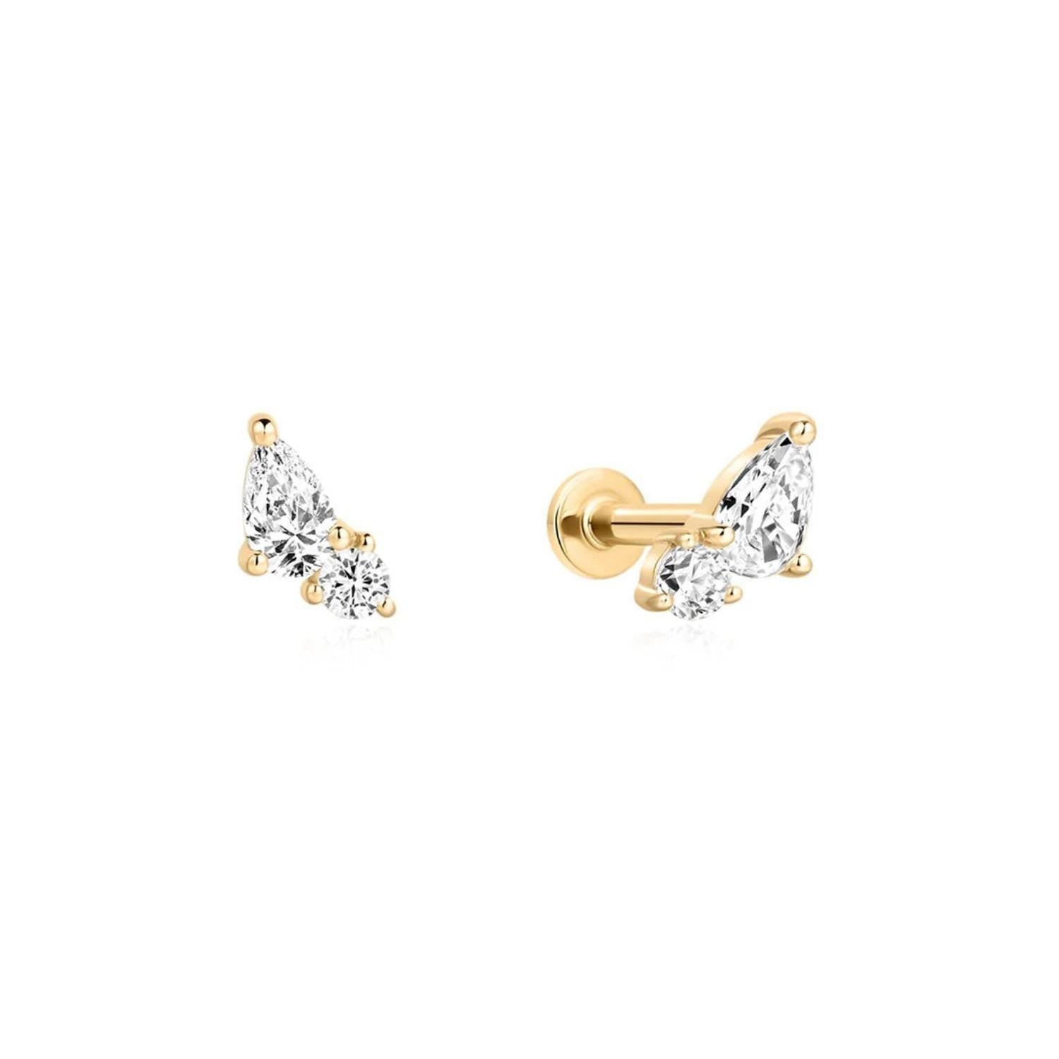 14K Pear & Round Offset Lab Diamond Flat Back Stud - Nolita