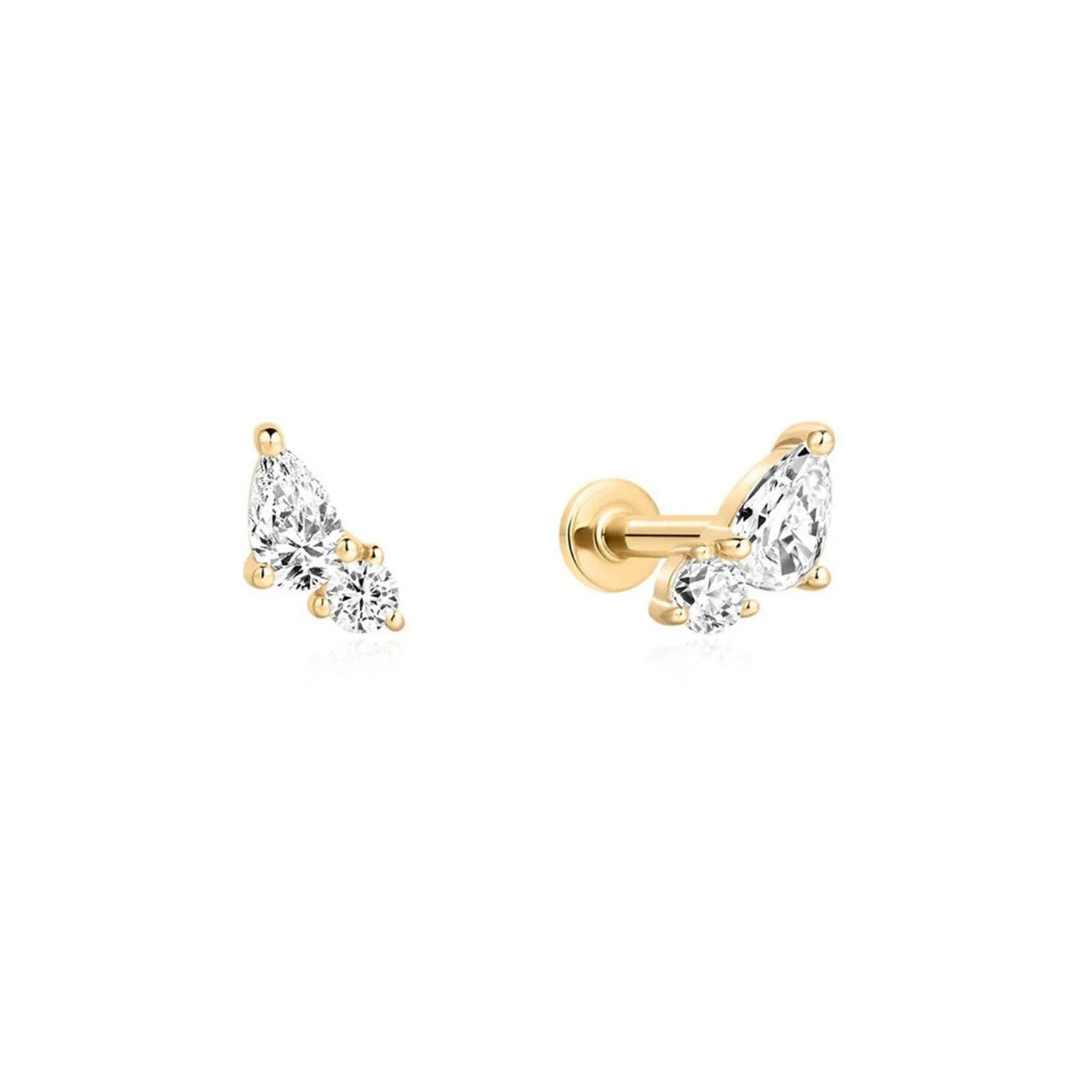 14K Pear & Round Offset Lab Diamond Flat Back Stud - Nolita