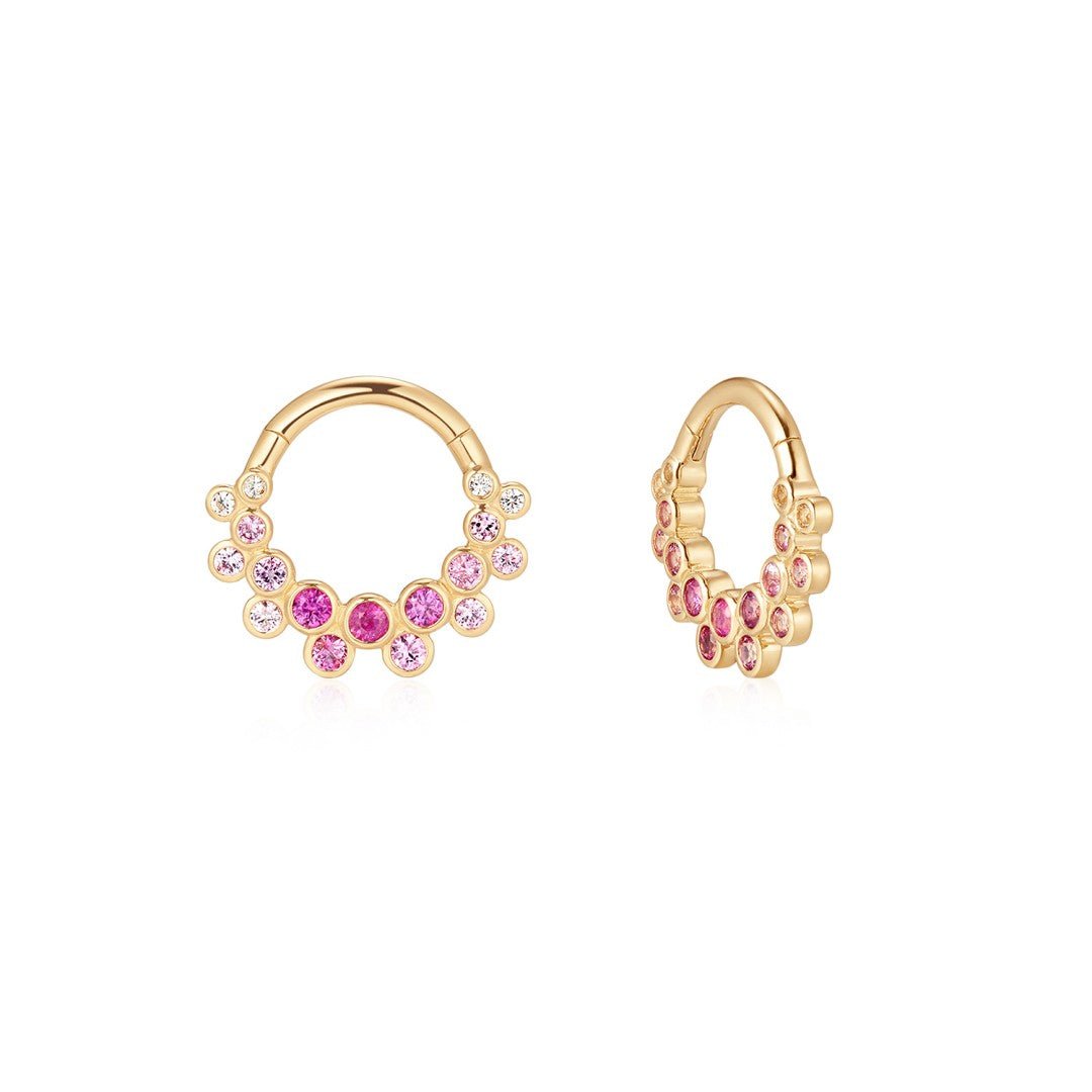 14K Rosette Pink Sapphire & Lab Diamond Gradient Bezel Clicker Hoop - Nolita
