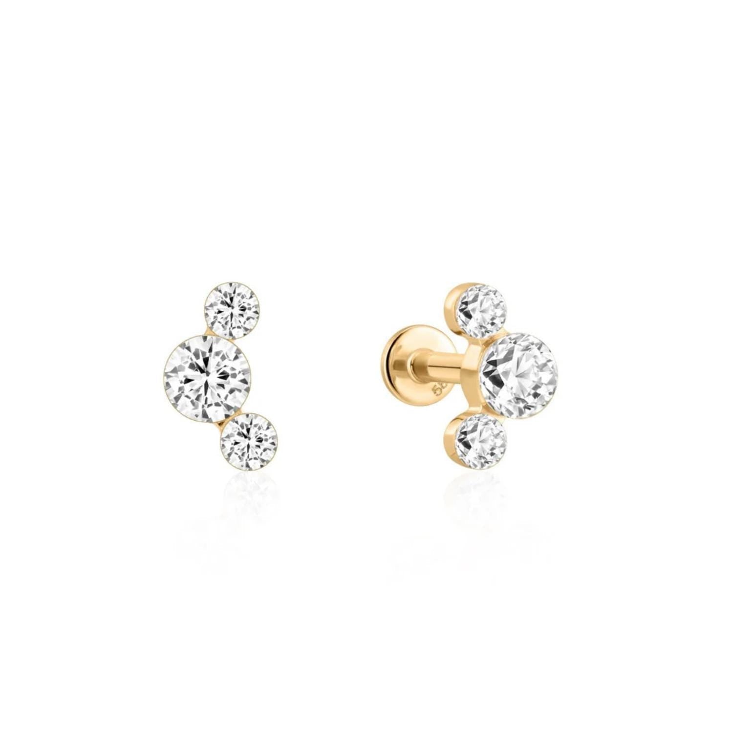 14K Round Trio Row Lab Diamond Flat Back Stud - Nolita