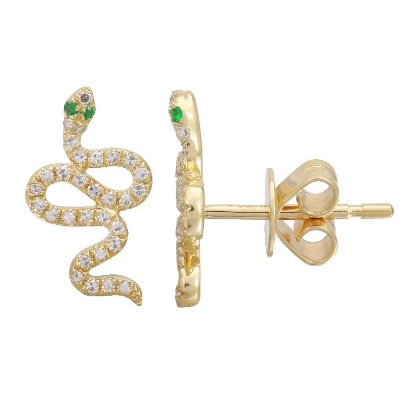 14K Gold Snake Diamond Stud Earrings / Emerald Eye