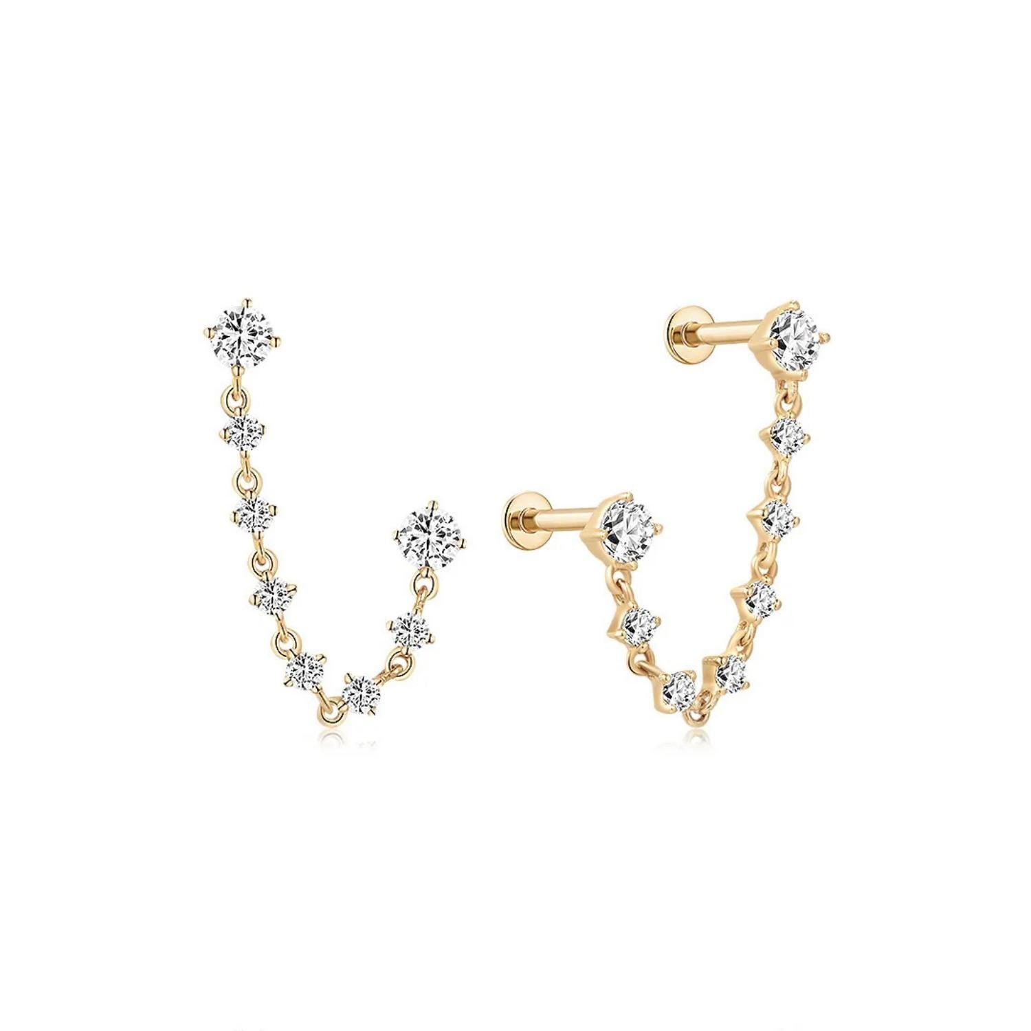14K Draped Chain Double Piercing Lab Diamond Stud