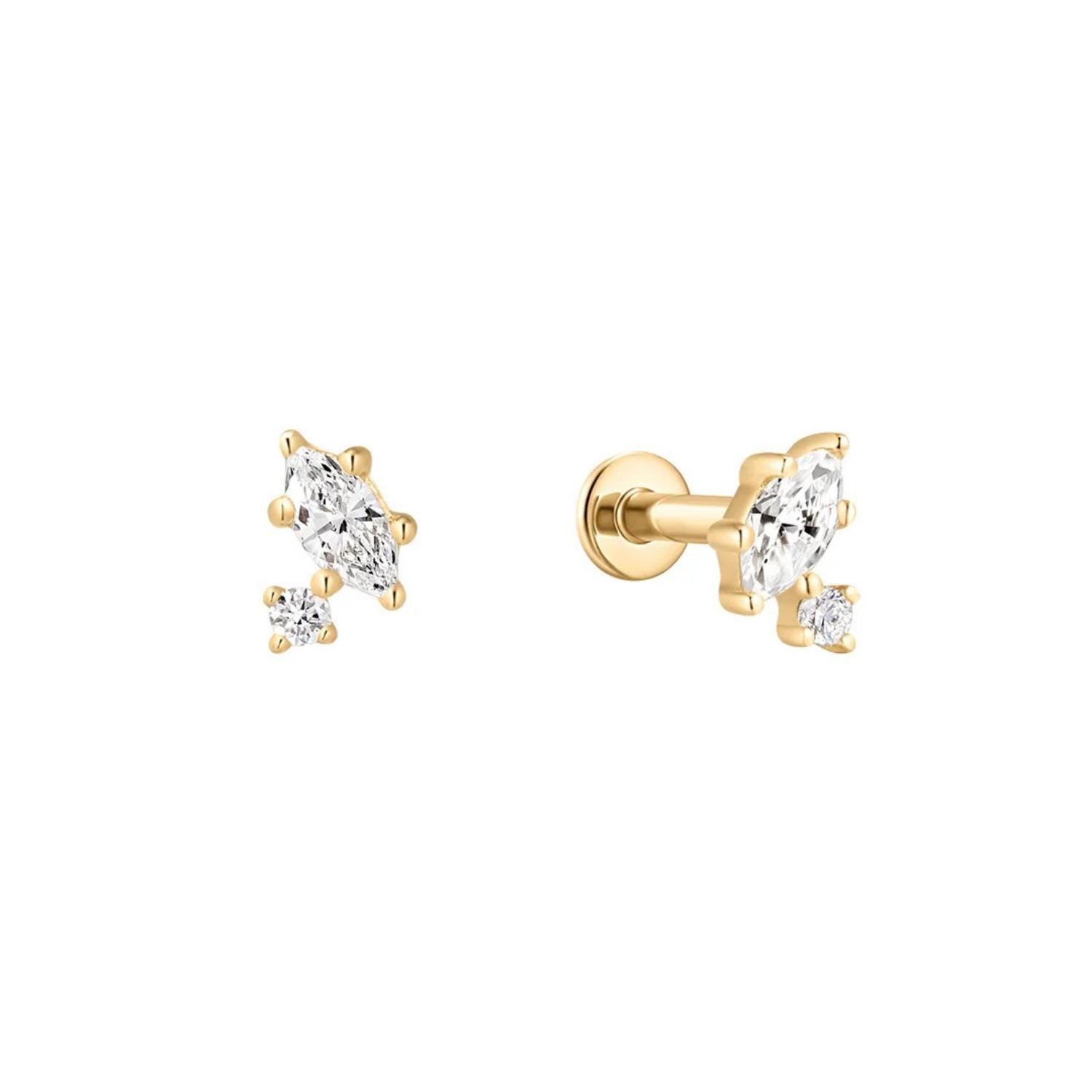 14K Petite Marquise & Round Lab Diamond Flat Back Stud