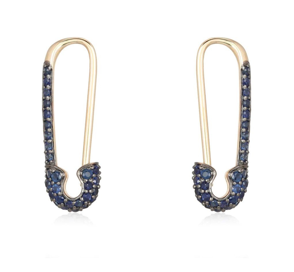 14K Blue Sapphire Mini Safety Pin Earring - Nolita