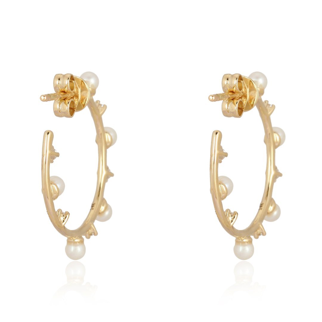 14K Diamond Pearl Hoop Earrings - Nolita