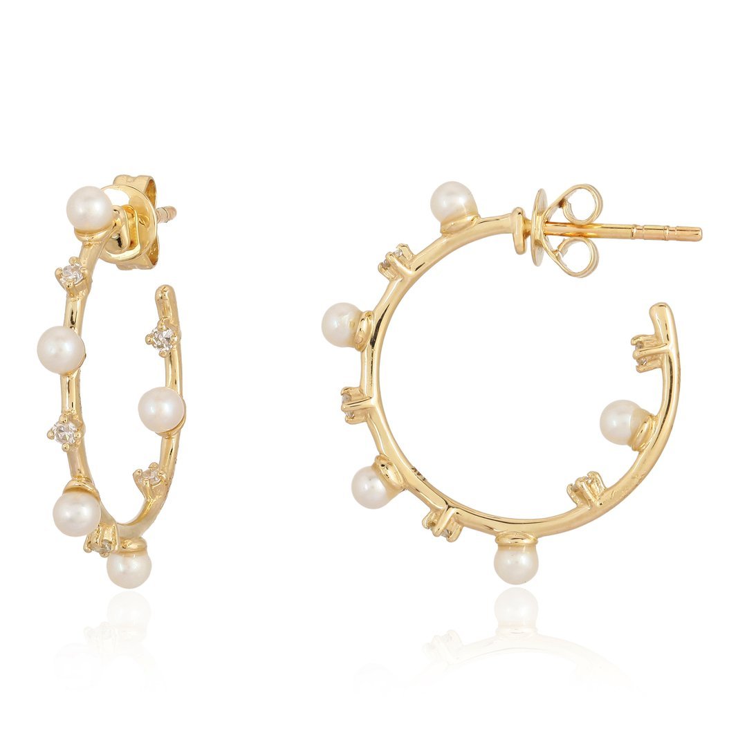 14K Diamond Pearl Hoop Earrings - Nolita