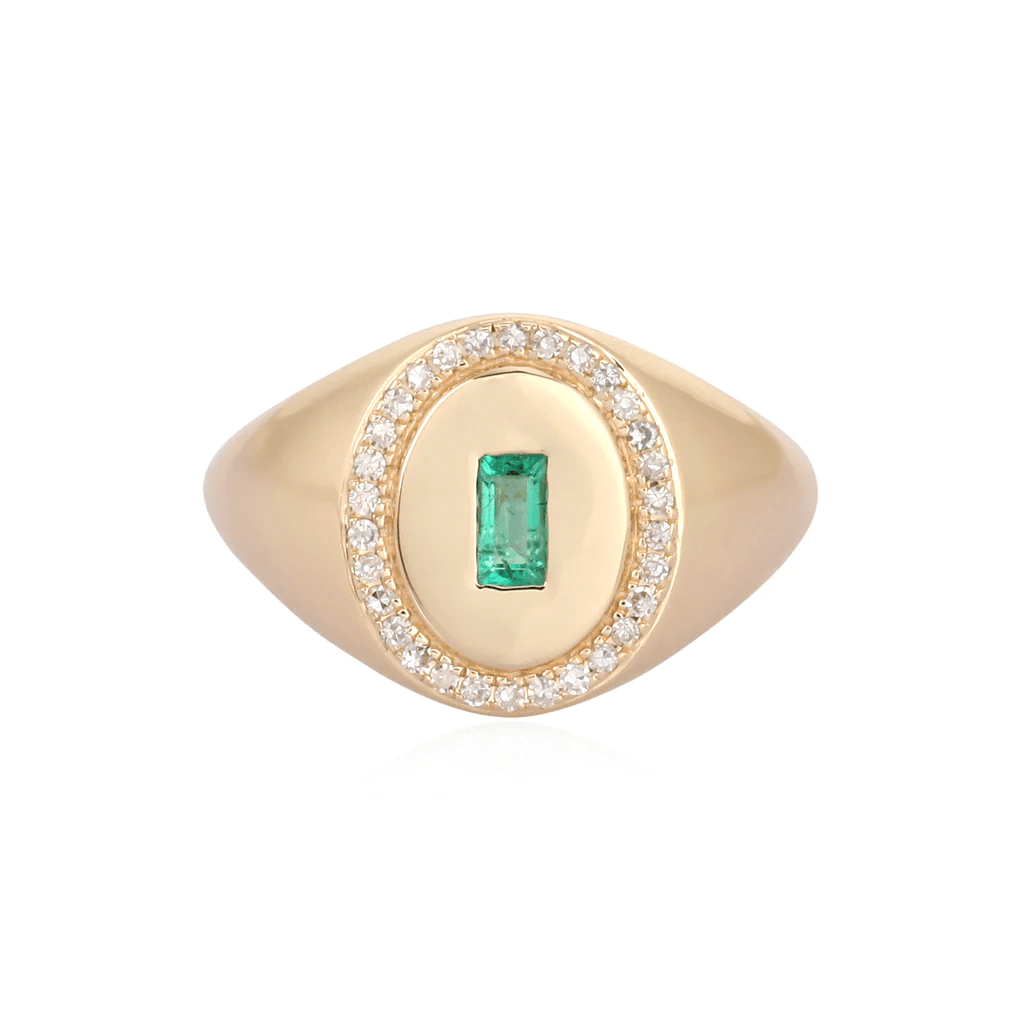 14K Oval Diamond & Emerald Signet Ring - Nolita