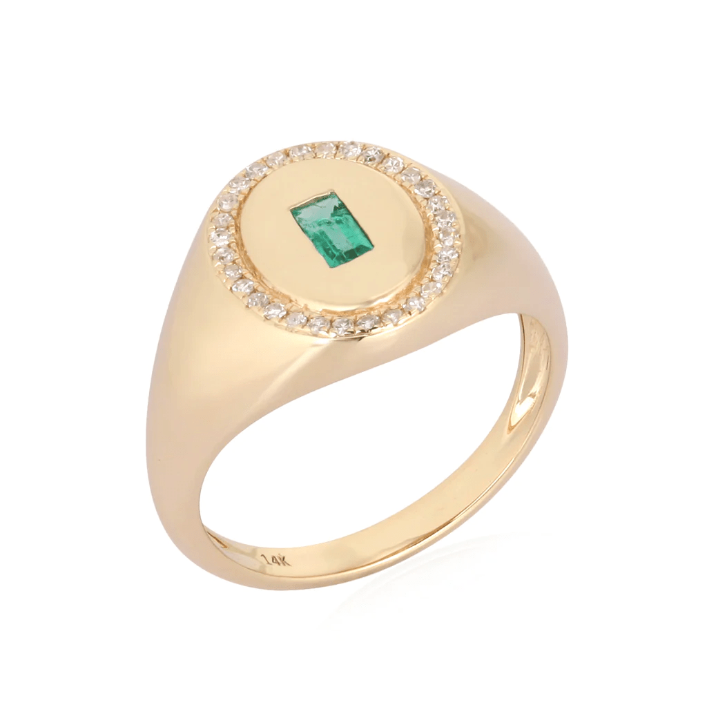 14K Oval Diamond & Emerald Signet Ring - Nolita