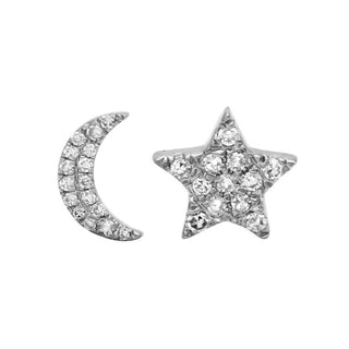 14K Moon And Star Diamond Stud Earrings