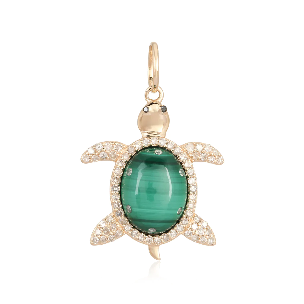 14K Diamond Outlined Malachite 3D Turtle Charm