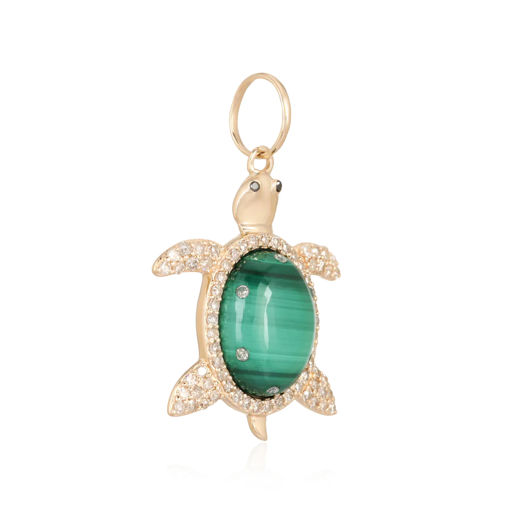 14K Diamond Outlined Malachite 3D Turtle Charm